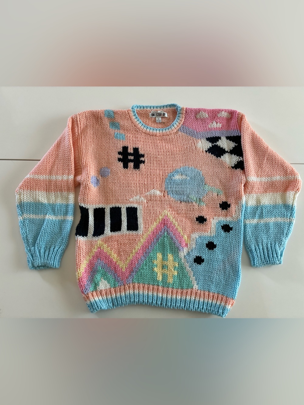 VTG One Step Up Handmade M Pastel Pink, Light Blue & Black Abstract Knit Sweater